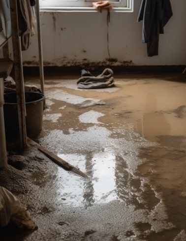 Flooded floor with standing water and debris
