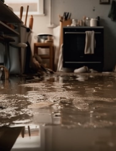Flooded room with standing water and debris