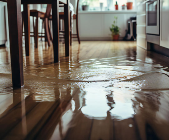 Disaster cleanup - flooded kitchen with wood flooring and table in a few inches of water