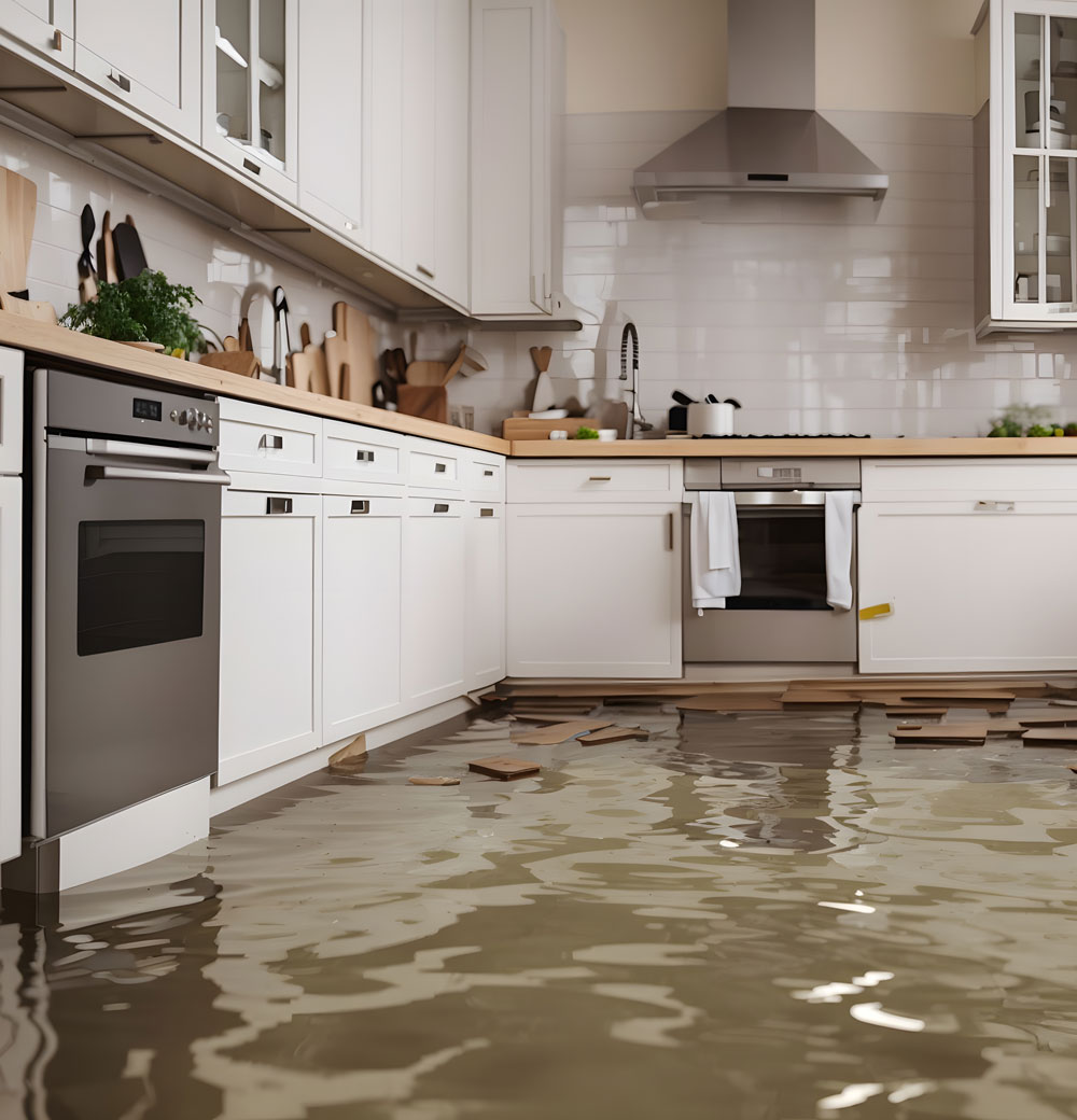 Flood cleanup - kitchen flood with debris floating in water