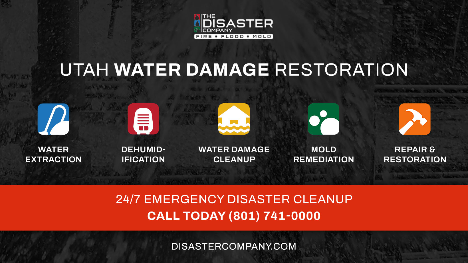 Illustration with the text: Utah Water Damage Restoration - Water Extraction, Dehumidification, Water Damage Cleanup, Mold Remediation, Repair & Restoration