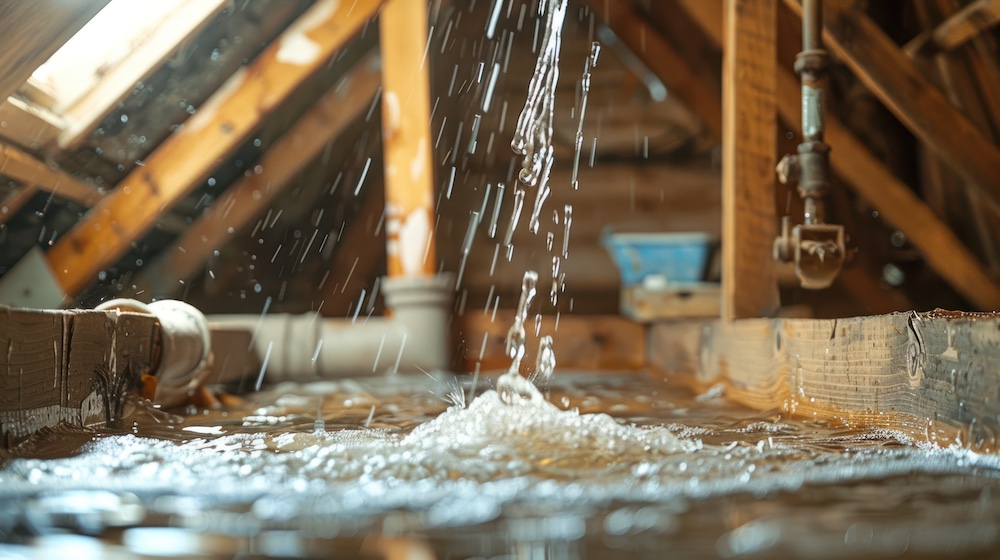 water leak and water damage in attic