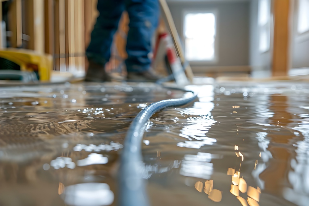 Basement flood showing water being pumped out