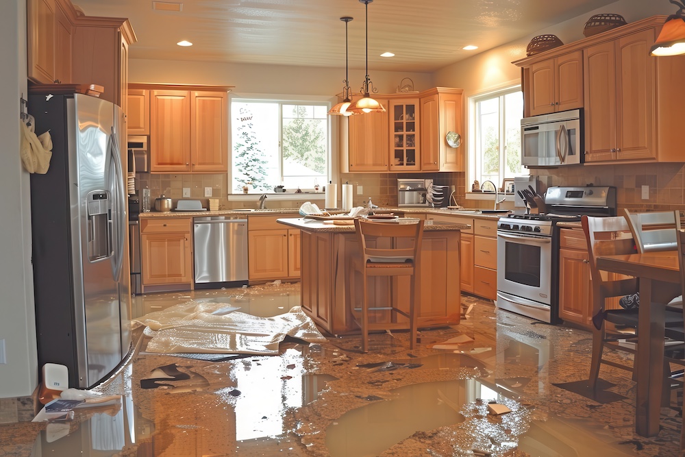 flooded kitchen with floating debris