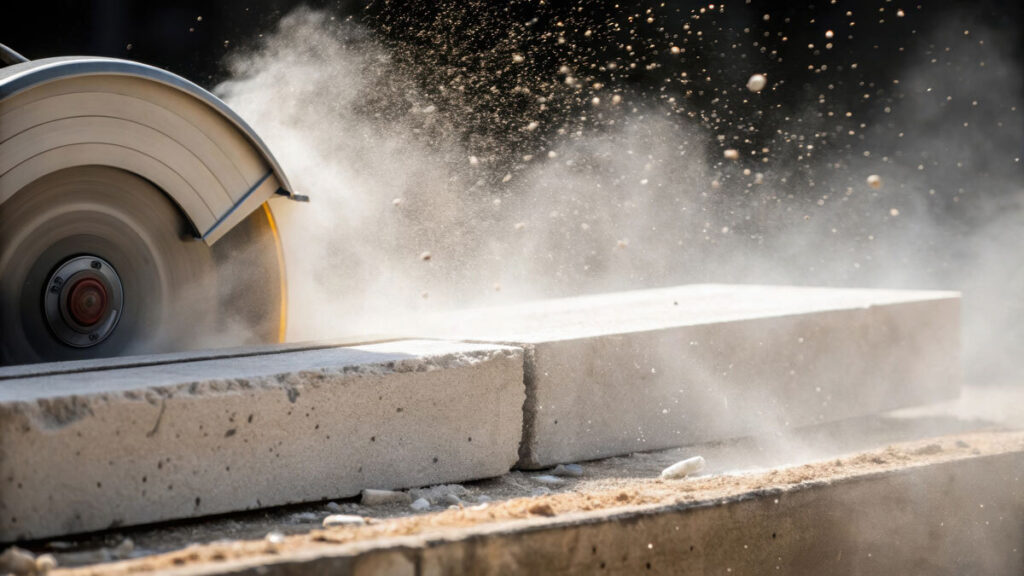 Saw cutting concrete with dust flying everywhere.