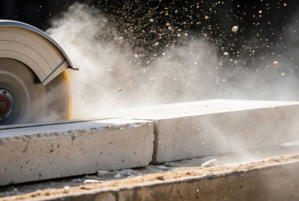 Saw cutting concrete with dust flying everywhere.