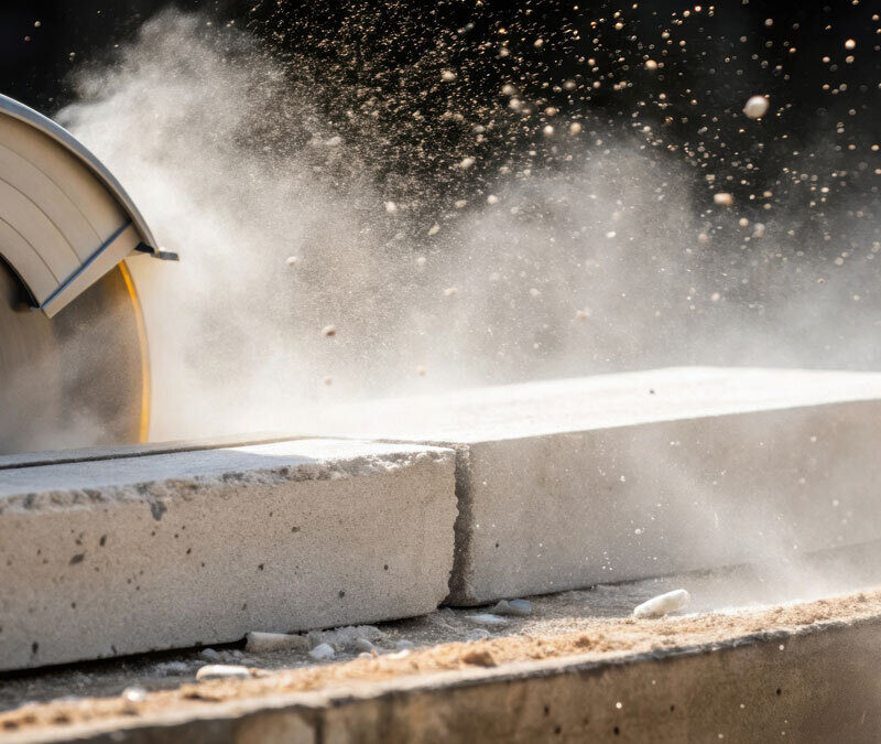 Saw cutting concrete with dust flying everywhere.