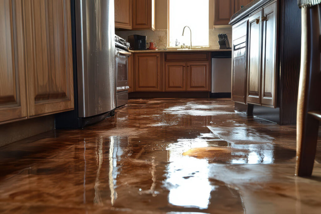 home kitchen with standing water on the floor