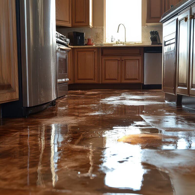 home kitchen with standing water on the floor