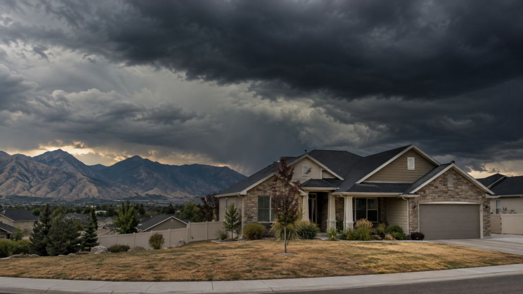 Dark storm clouds over a suburban Utah home with a dry brown lawn and mountains in the background