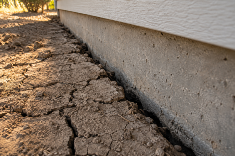 Dry cracked clay soil pulled away from a concrete house foundation, leaving a gap along the wall
