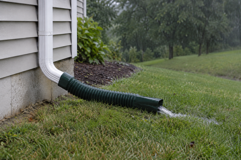 Downspout extension carrying rainwater away from a house foundation onto a sloped lawn